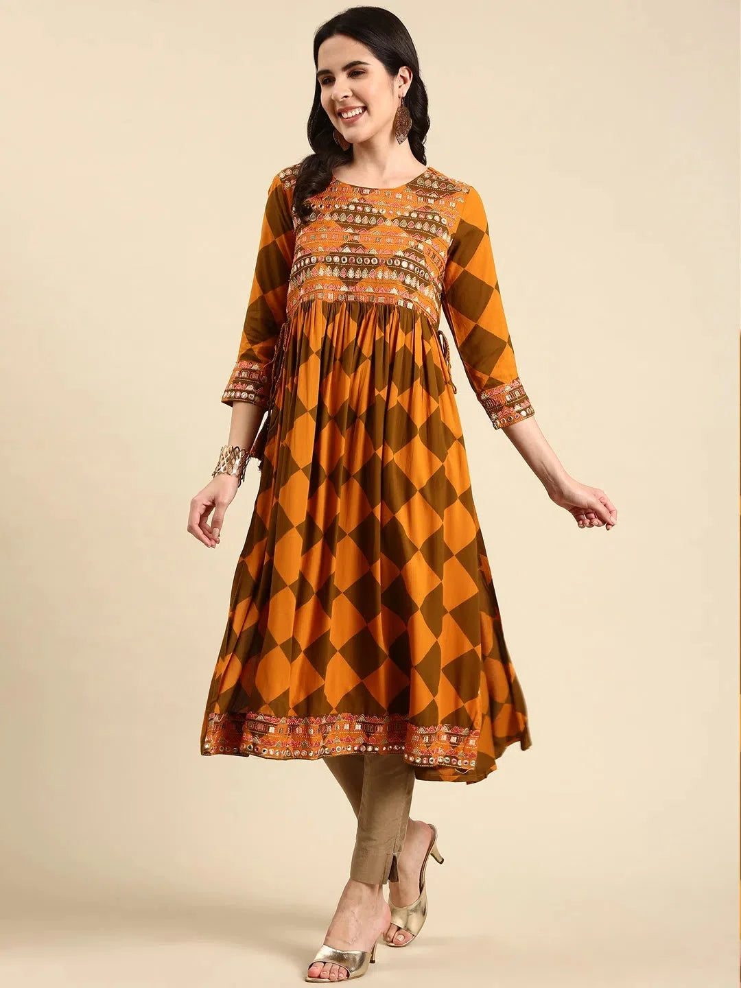 Rust Printed Anarkali Kurti | Cotton Anarkali Gown for Women