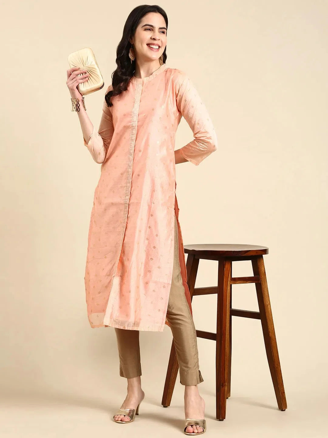 Peach Printed Indian Kurta Ladies | Cotton Straight Kurti