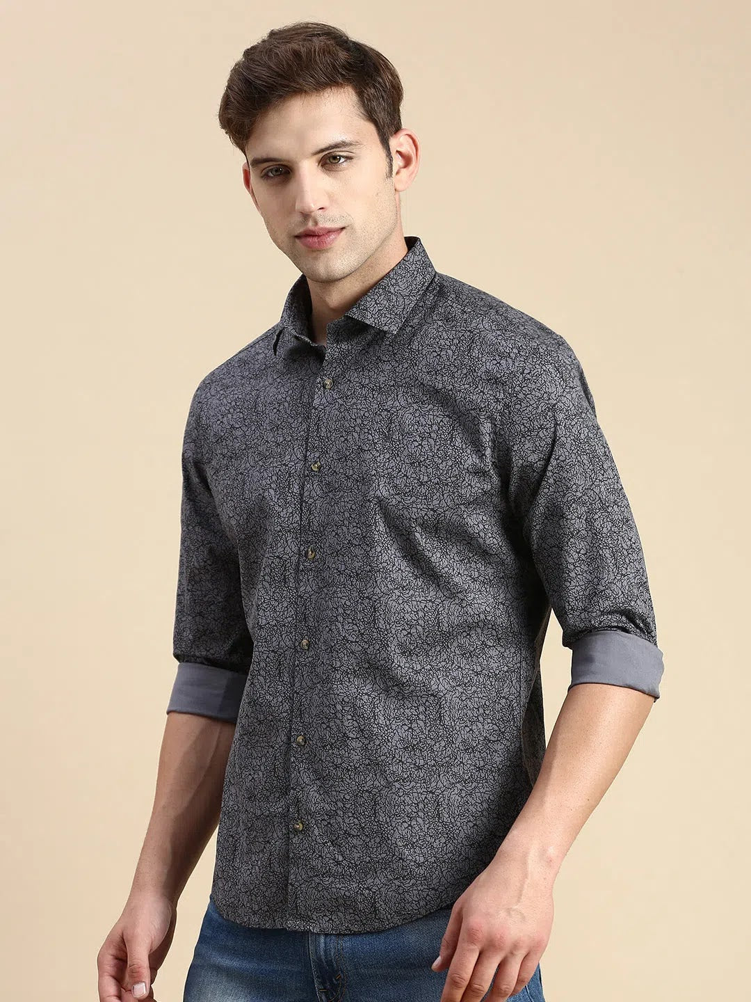 Men's Grey Printed Shirt | Casual Cotton Shirt - DesiQlo