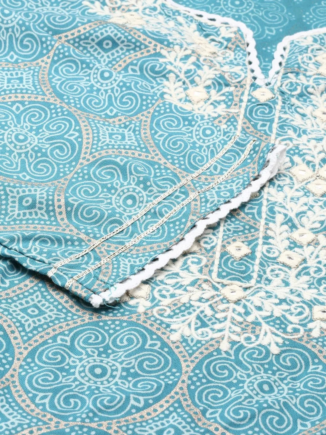 Teal Ethnic Print Kurta Set for Women | Cotton Indian Kurta