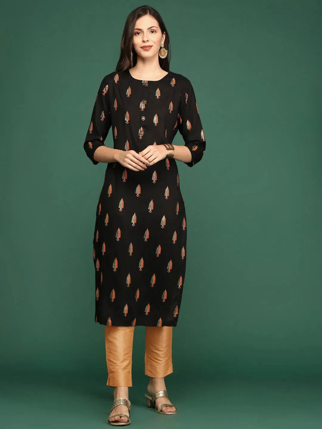 Black Floral Cotton Indian Kurta for Women | DesiQlo