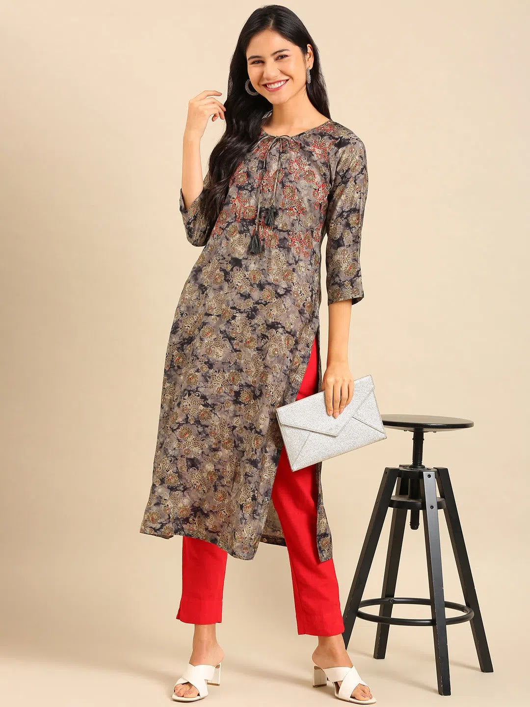 Grey Embellished Kurta - Stylish Indian Kurtis for Ladies