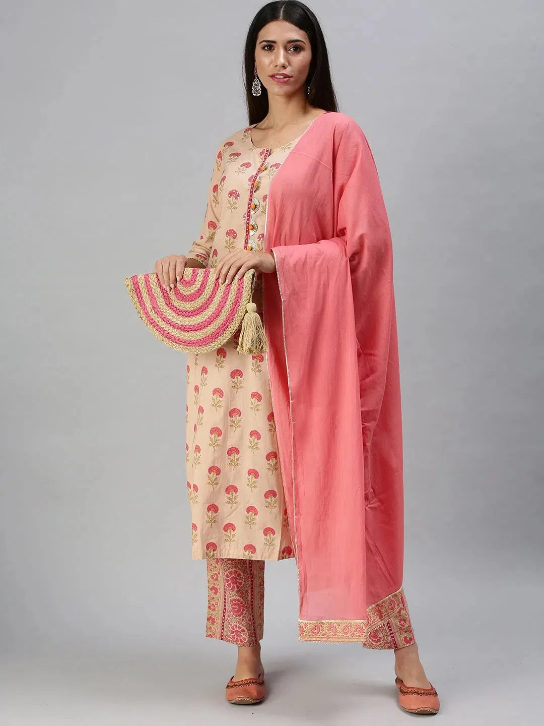 Pink Floral Cotton Kurta Sets | Women's Designer Kurta Sets