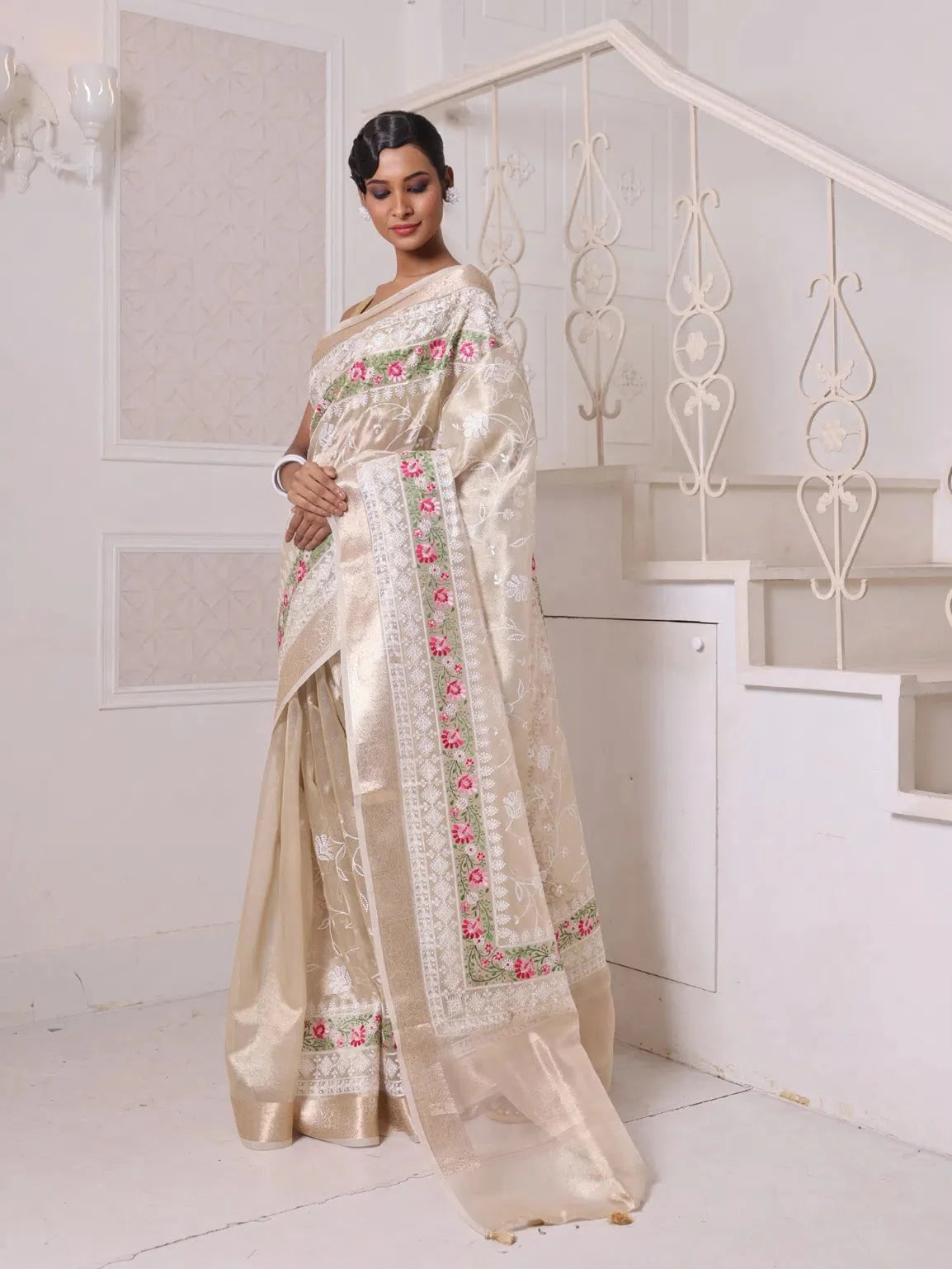 Embroidered Beige Tissue Cotton Saree | Indian Sarees