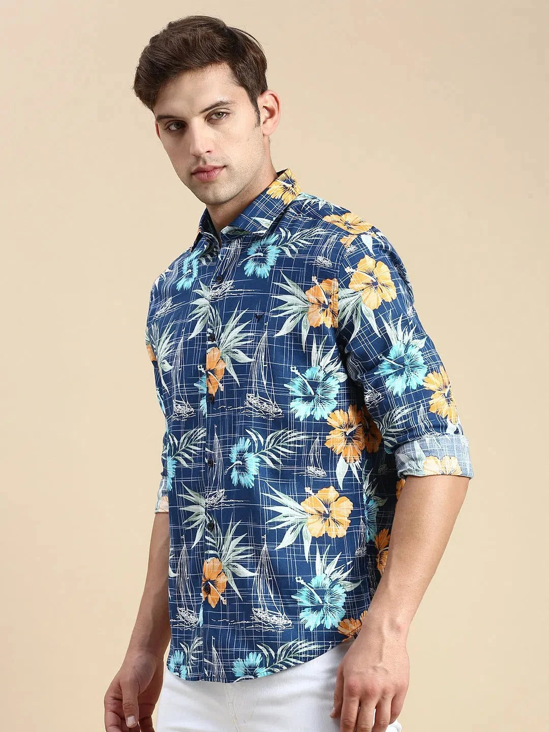 Men's Teal Printed Cotton Shirt | Casual Shirts - DesiQlo