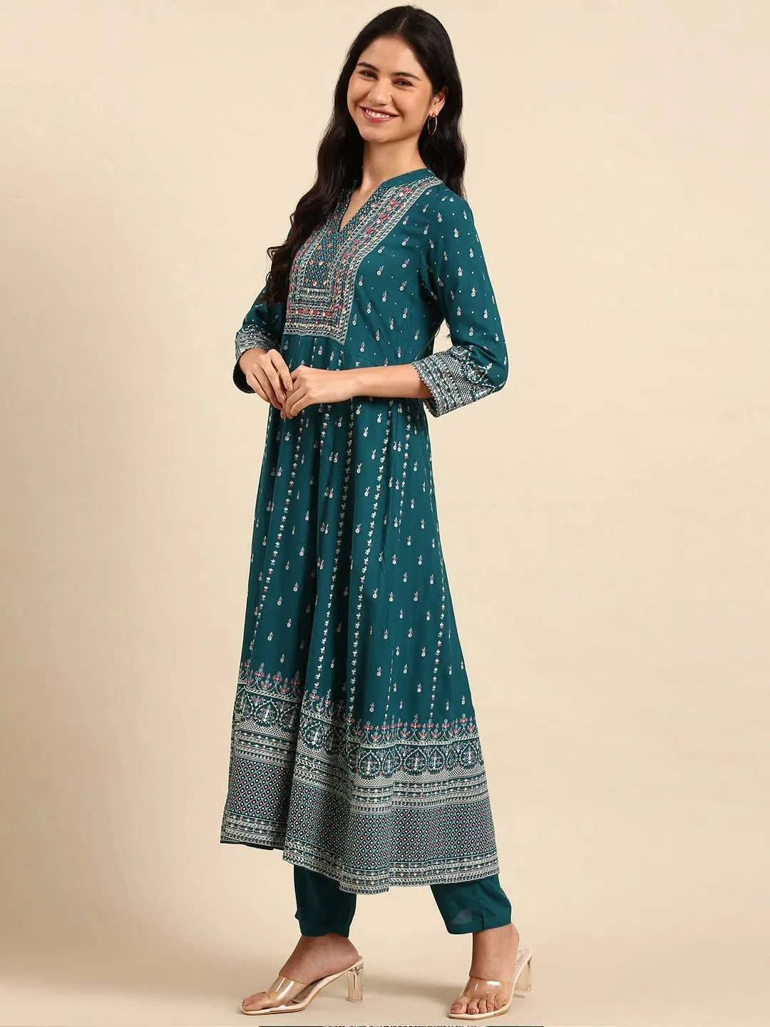 Teal Printed Cotton Kurta Set | Women's Designer Kurta Sets