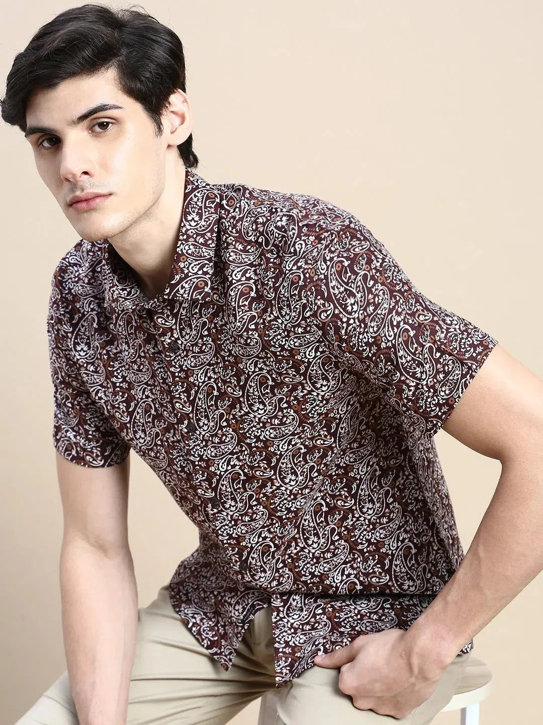 Brown Printed Cotton Shirt | Ethnic Mens Shirt by DesiQlo