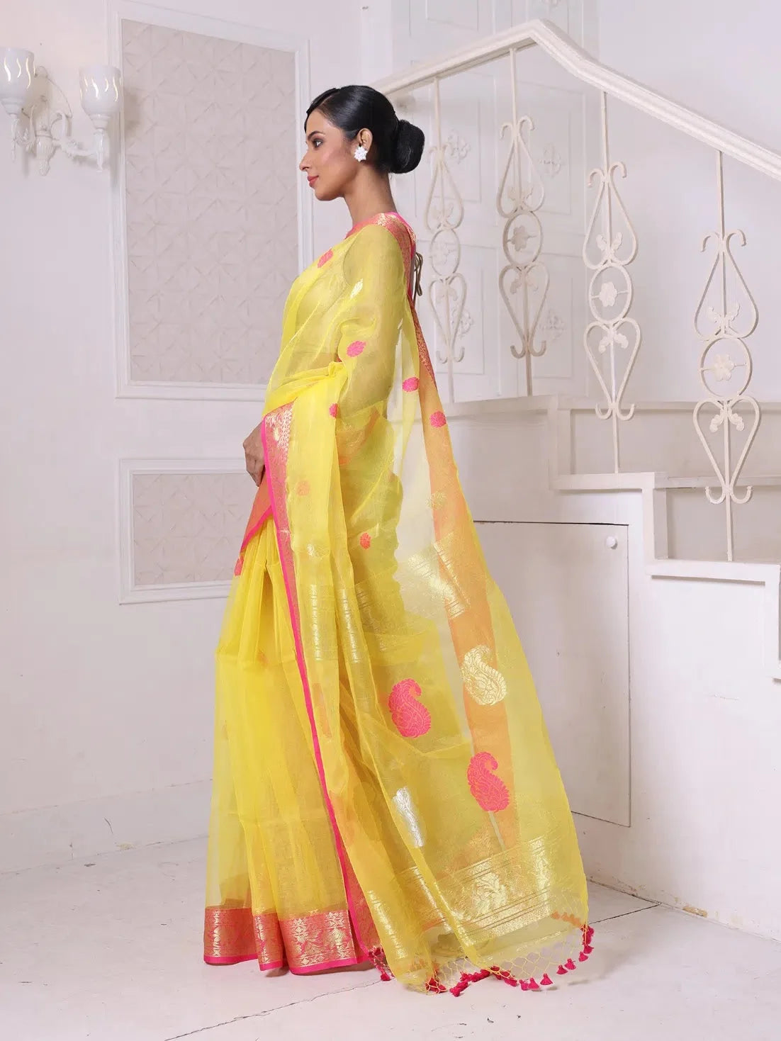 Yellow Linen Saree with Zari - Indian Sarees