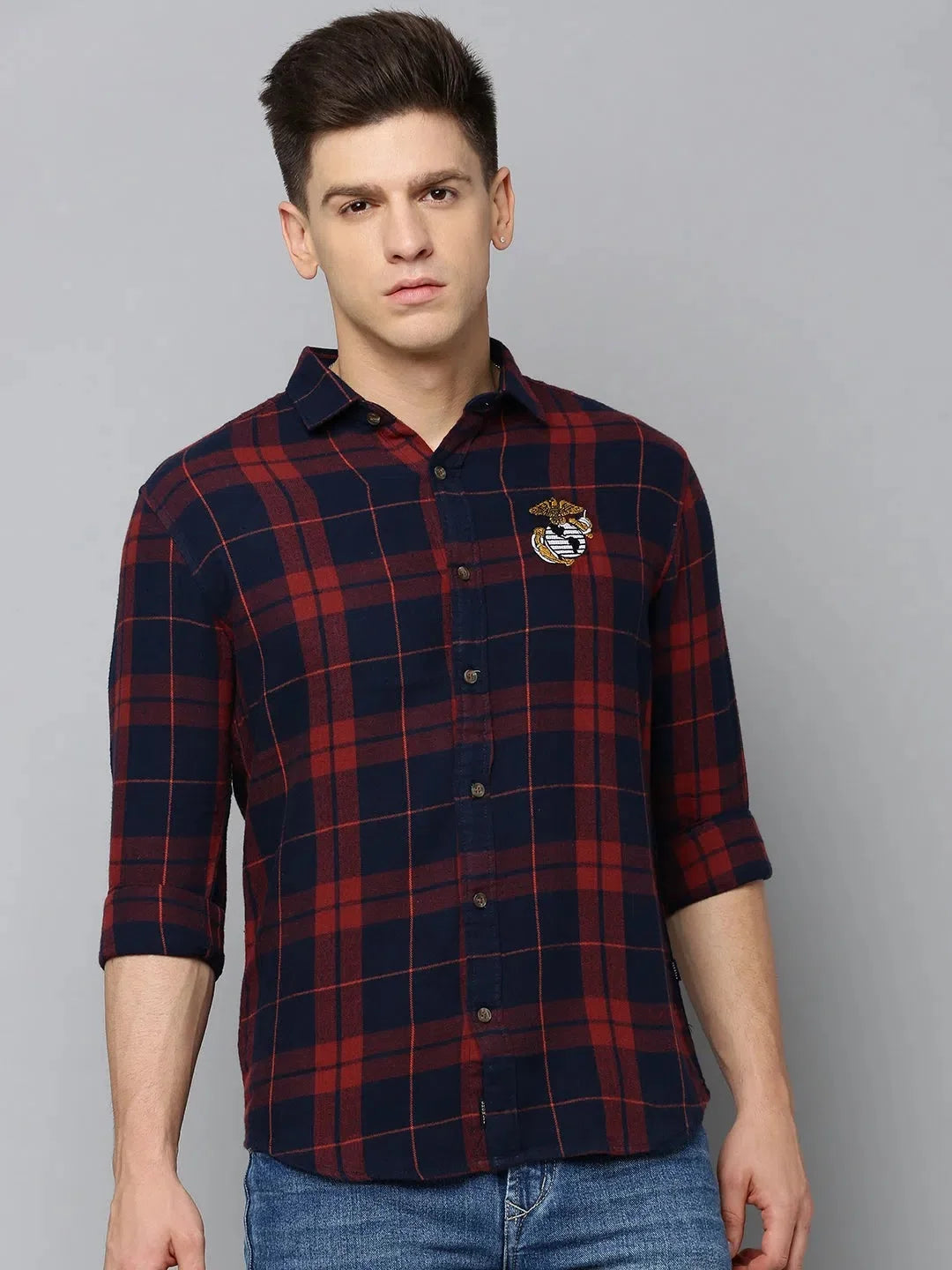 Men's Navy Checkered Cotton Shirt - Casual Mens Shirt