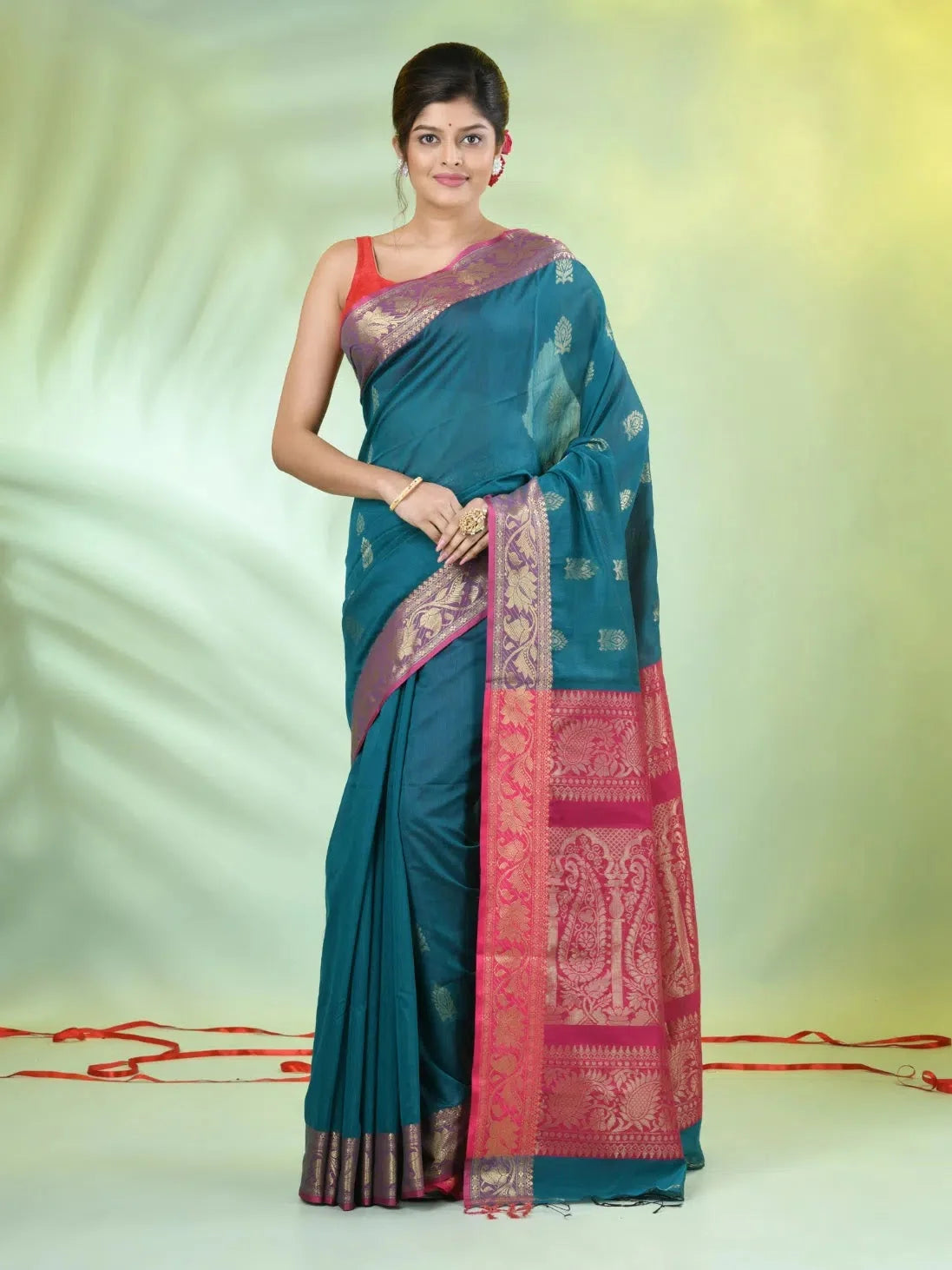 Teal Cotton Saree: Nakshi Zari, Designer Sarees India