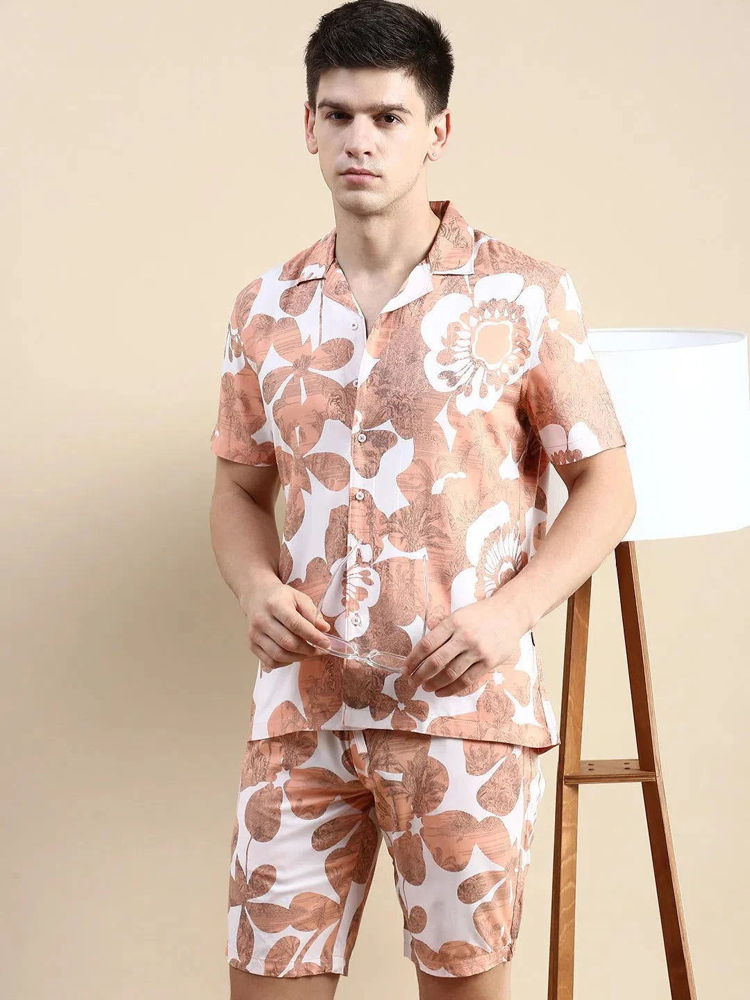Men's Peach Printed Casual Co ord Set | Stylish Two Piece Sets