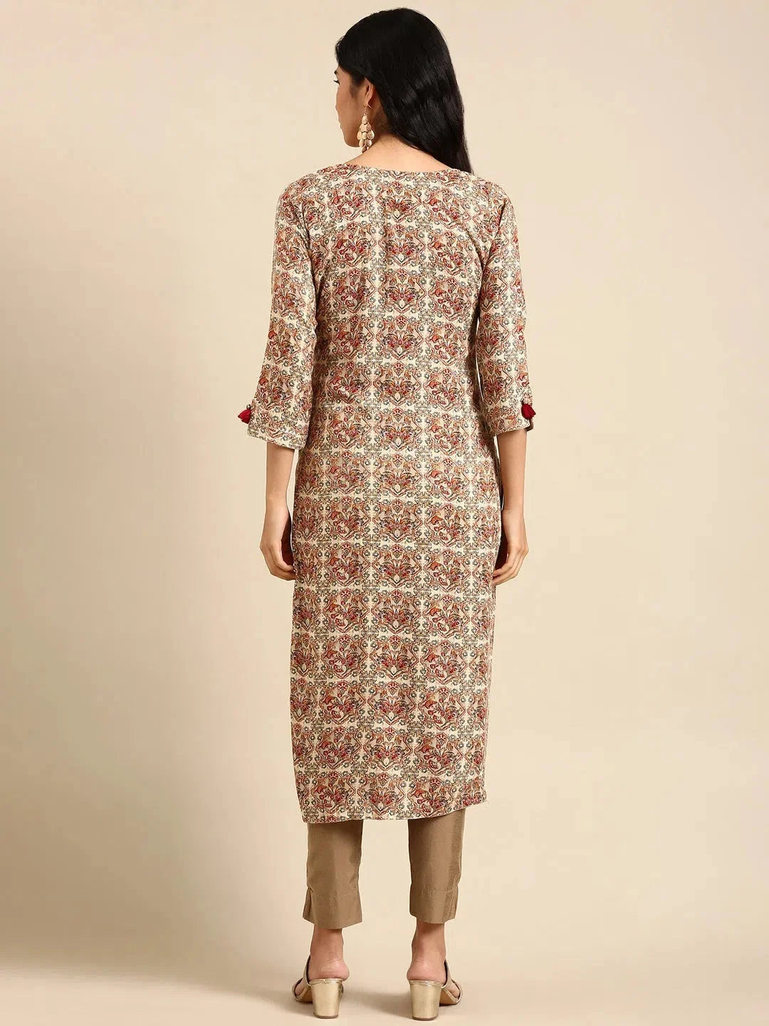 Cream Printed Polyester Kurta | Women's Indian Kurta