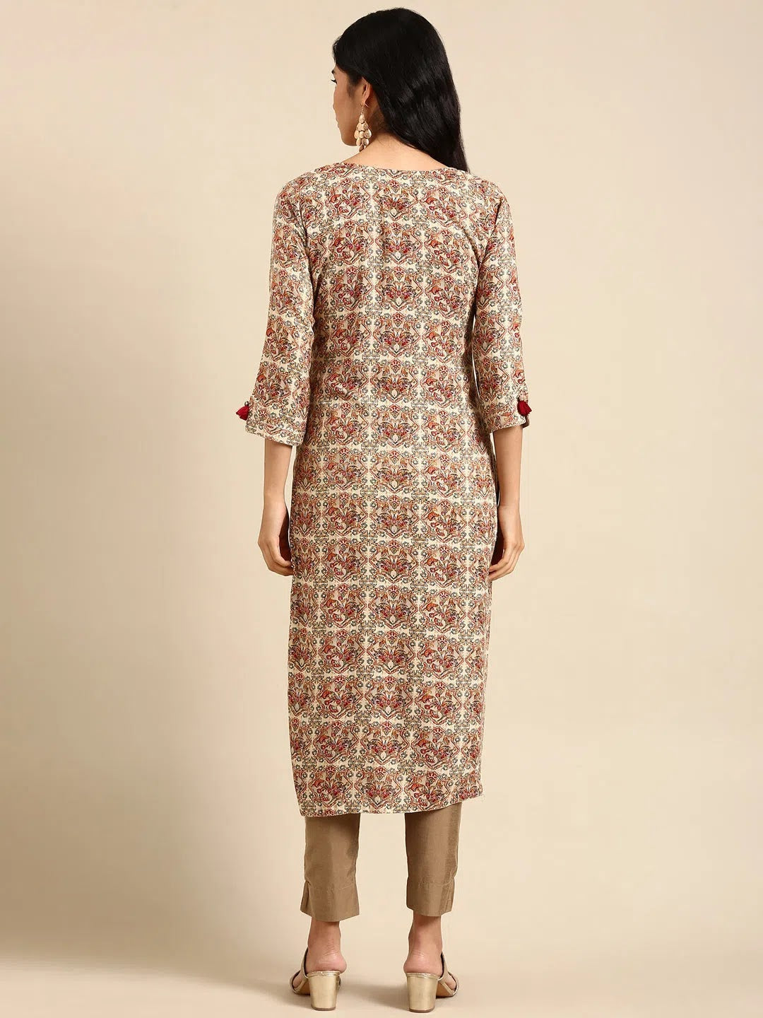 Cream Printed Polyester Kurta | Women's Indian Kurta