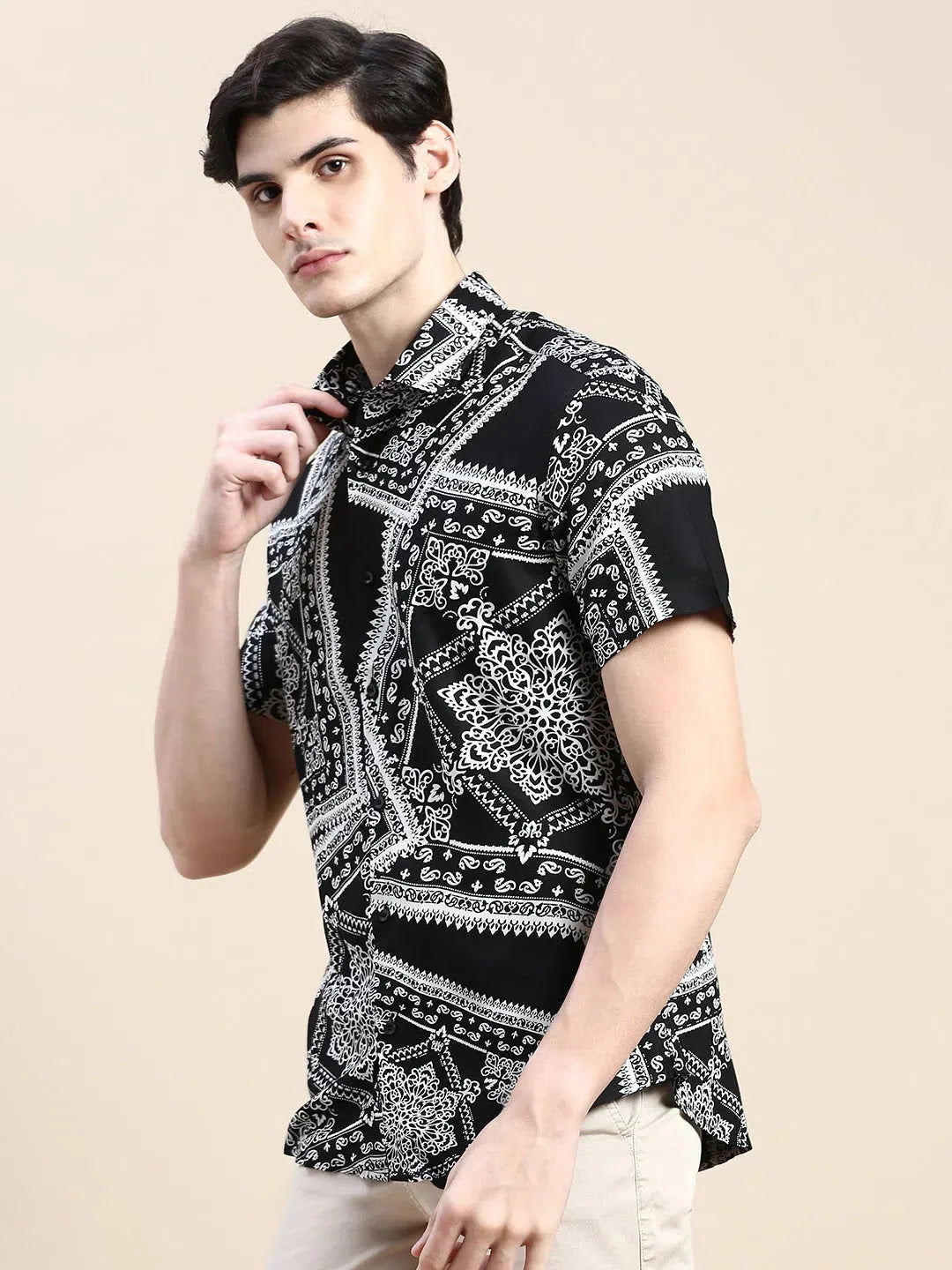 Black Ethnic Cotton Mens Shirt | Casual Printed Shirt