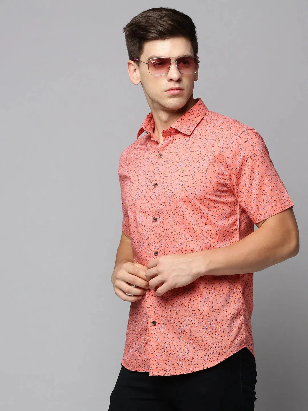 Men Coral Printed Casual Shirt-AMEOPRINT-5258-Coral