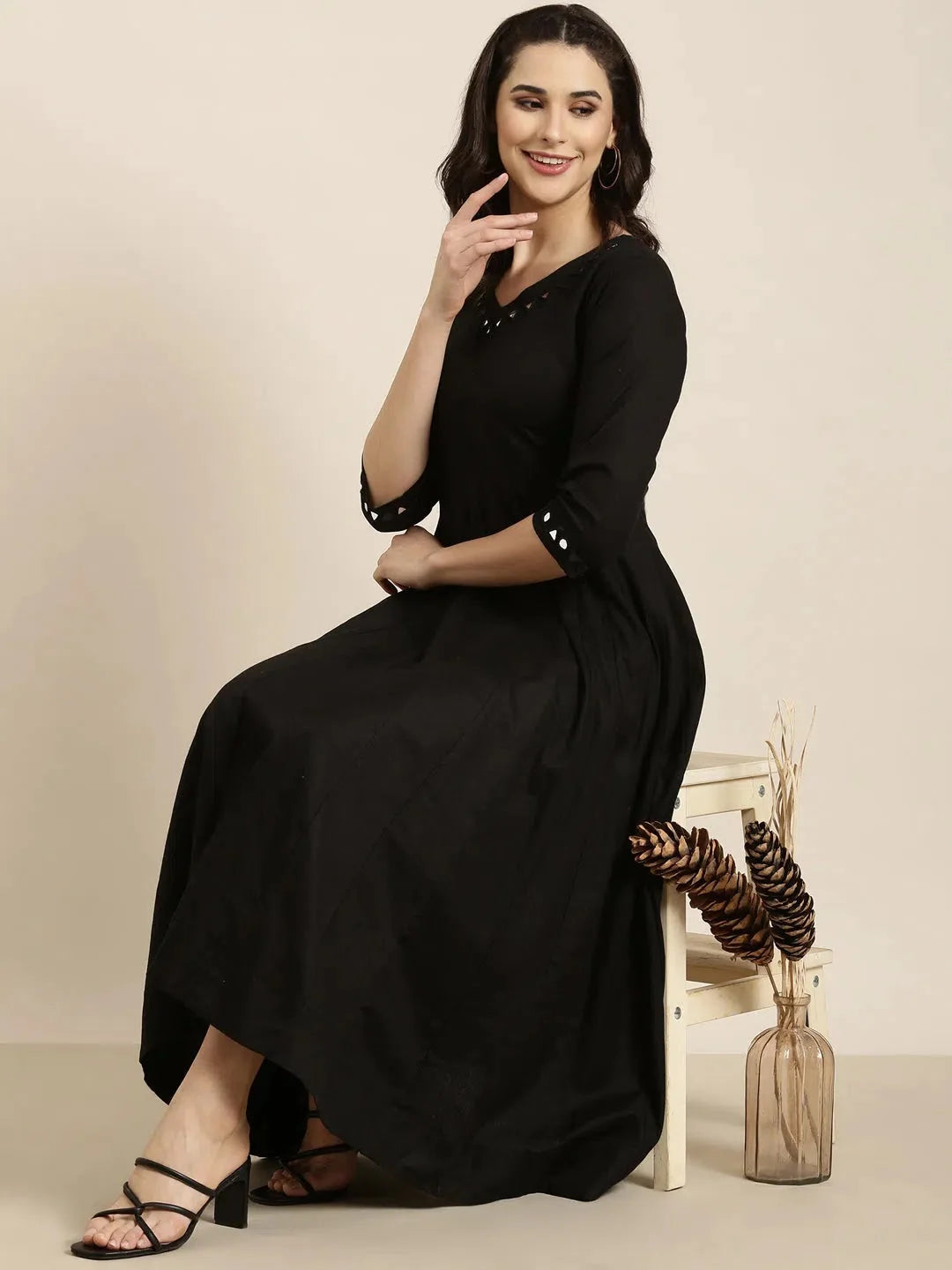 Classic Black Solid Cotton Anarkali Kurta and Trousers Set