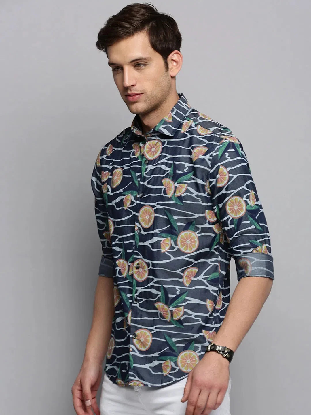 Navy Printed Mens Shirt - Cotton Formal Shirts | DesiQlo