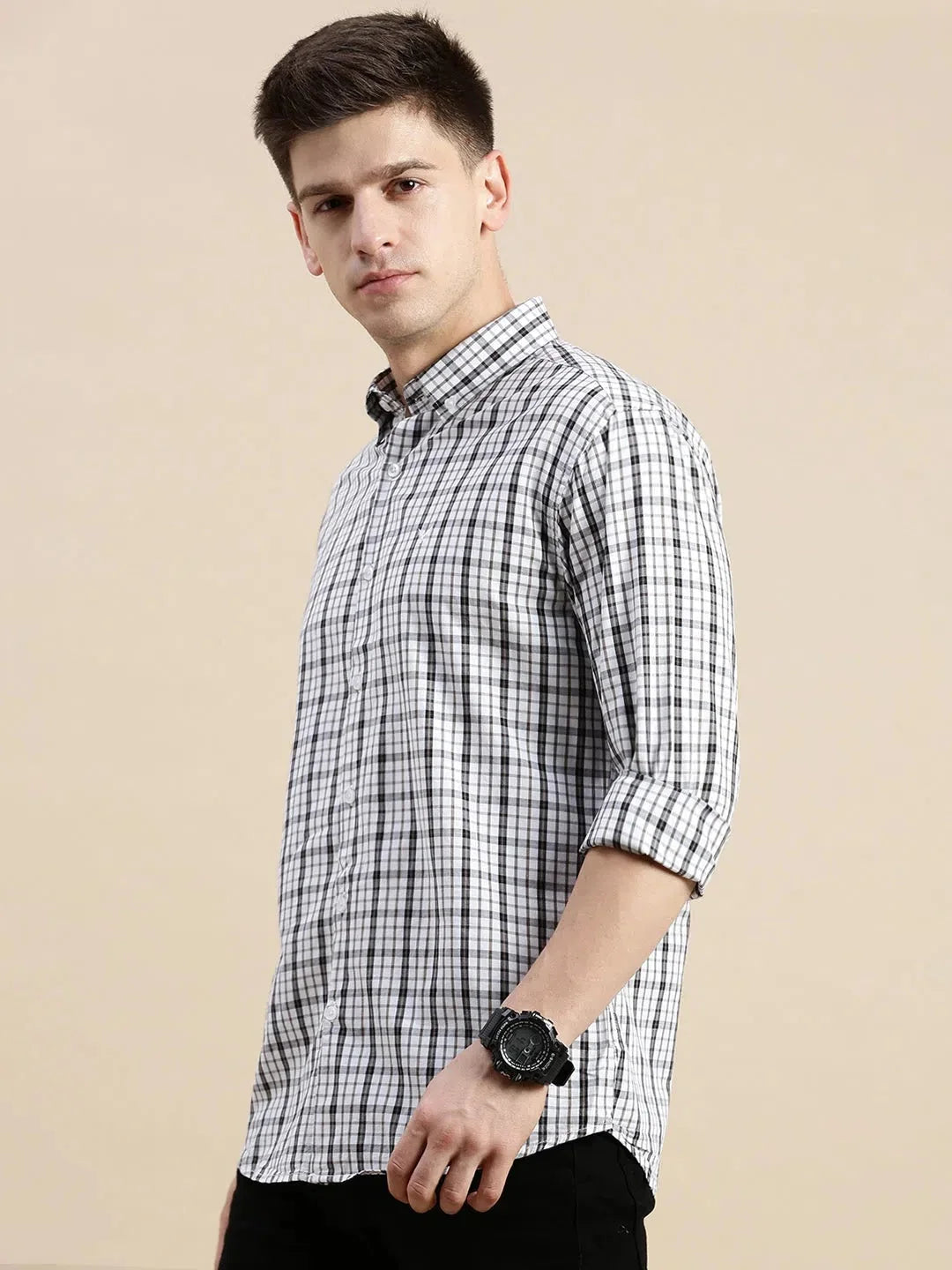 Mens White Checked Shirt - DesiQlo Cotton Shirt