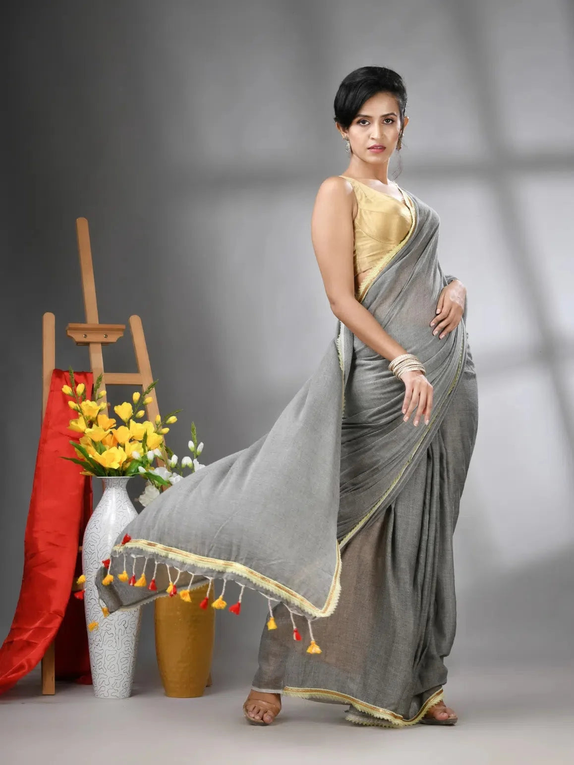 Grey Cotton Saree with Gota Patti - Designer Sarees India