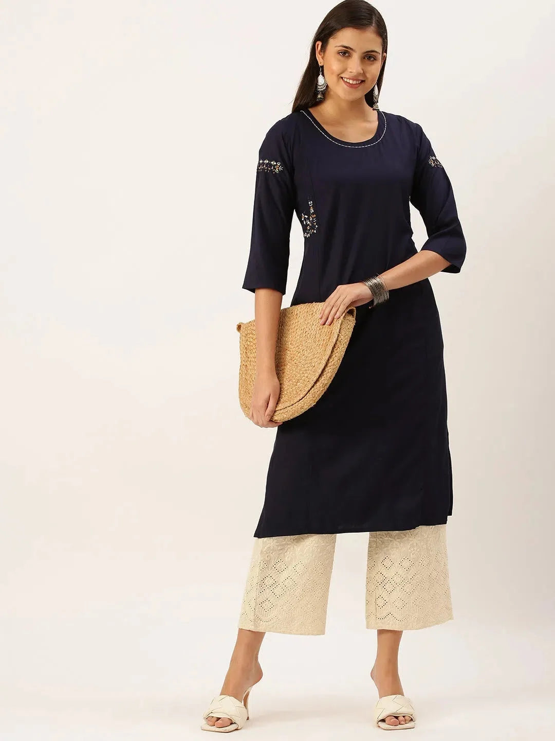 Blue Embroidered Kurta | Women's Indian Cotton Kurta Online