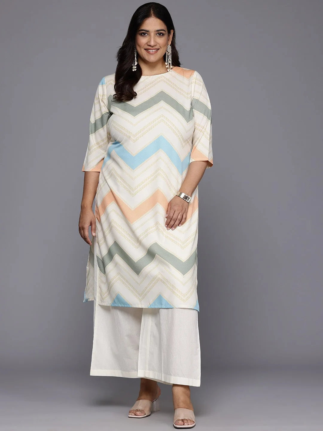 Plus Size Chevron Print Polyester Indian Kurta for Women