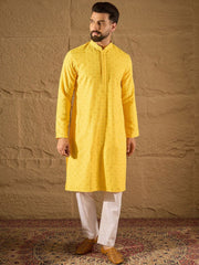 Ethnic Bay Men Yellow Viscose Rayon Solid Embroidered Straight Kurta With Pant Set-MKSET1222