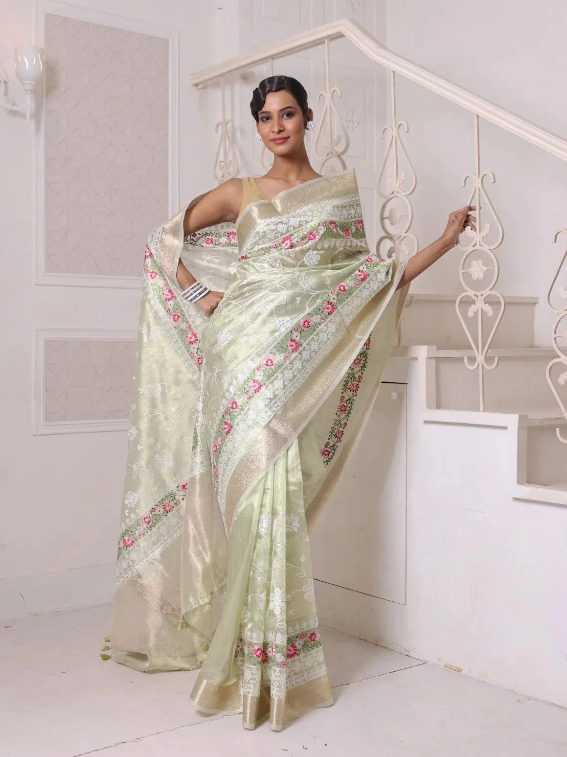 Pistachio Green Embroidered Cotton Saree | Indian Sarees