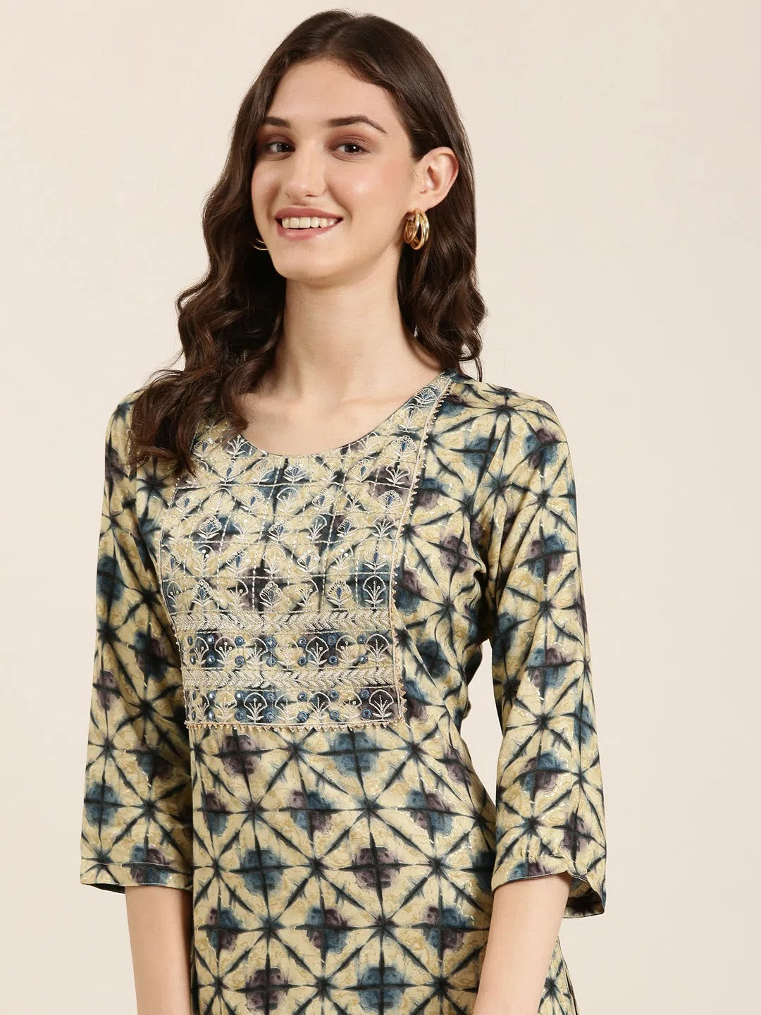 Beige Geometric Indian Kurtas - Women's Cotton Kurtas Online