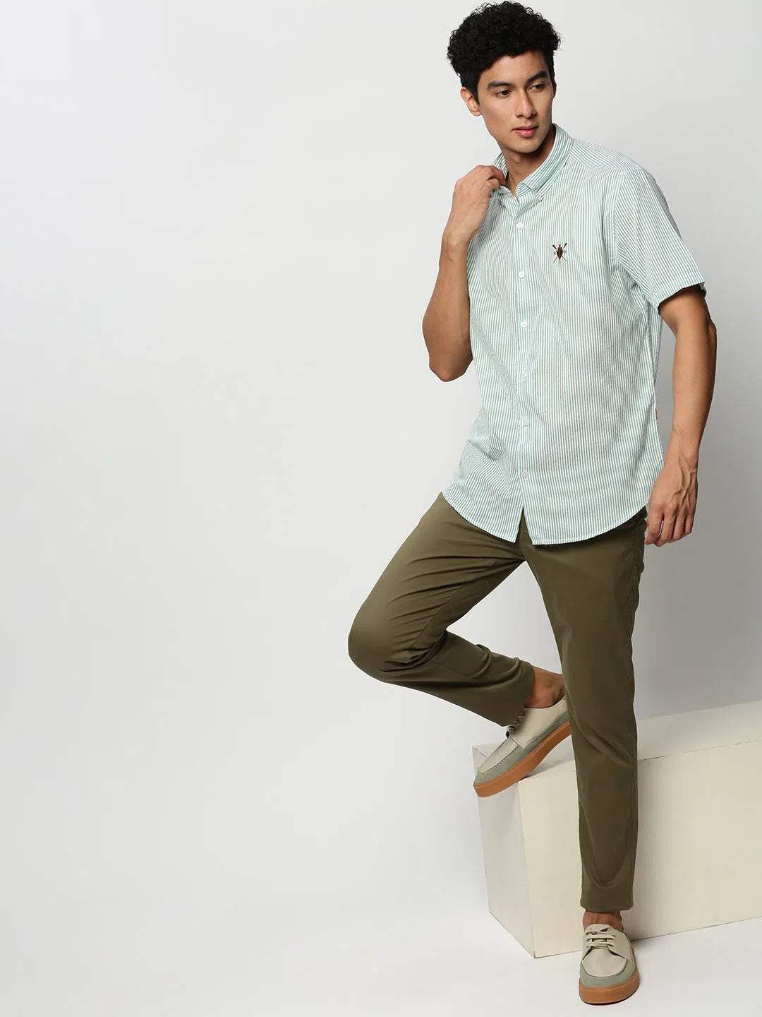 Green Striped Mens Cotton Shirt - Casual Shirts by DesiQlo