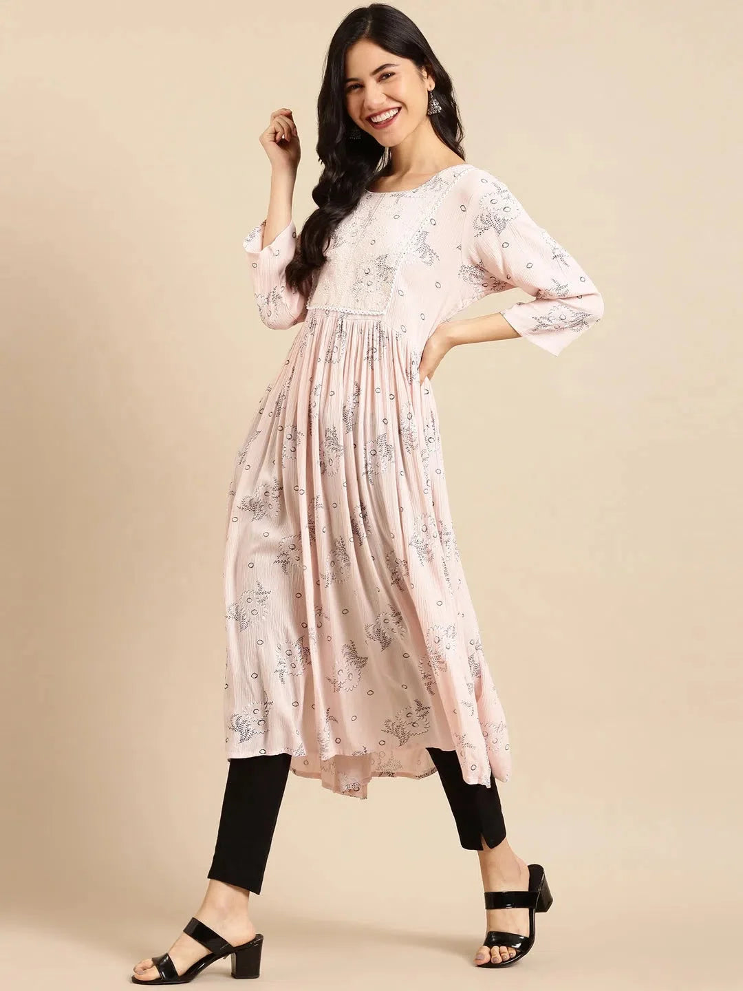 Pink Printed A-Line Kurta | Stylish Indian Kurtis for Women