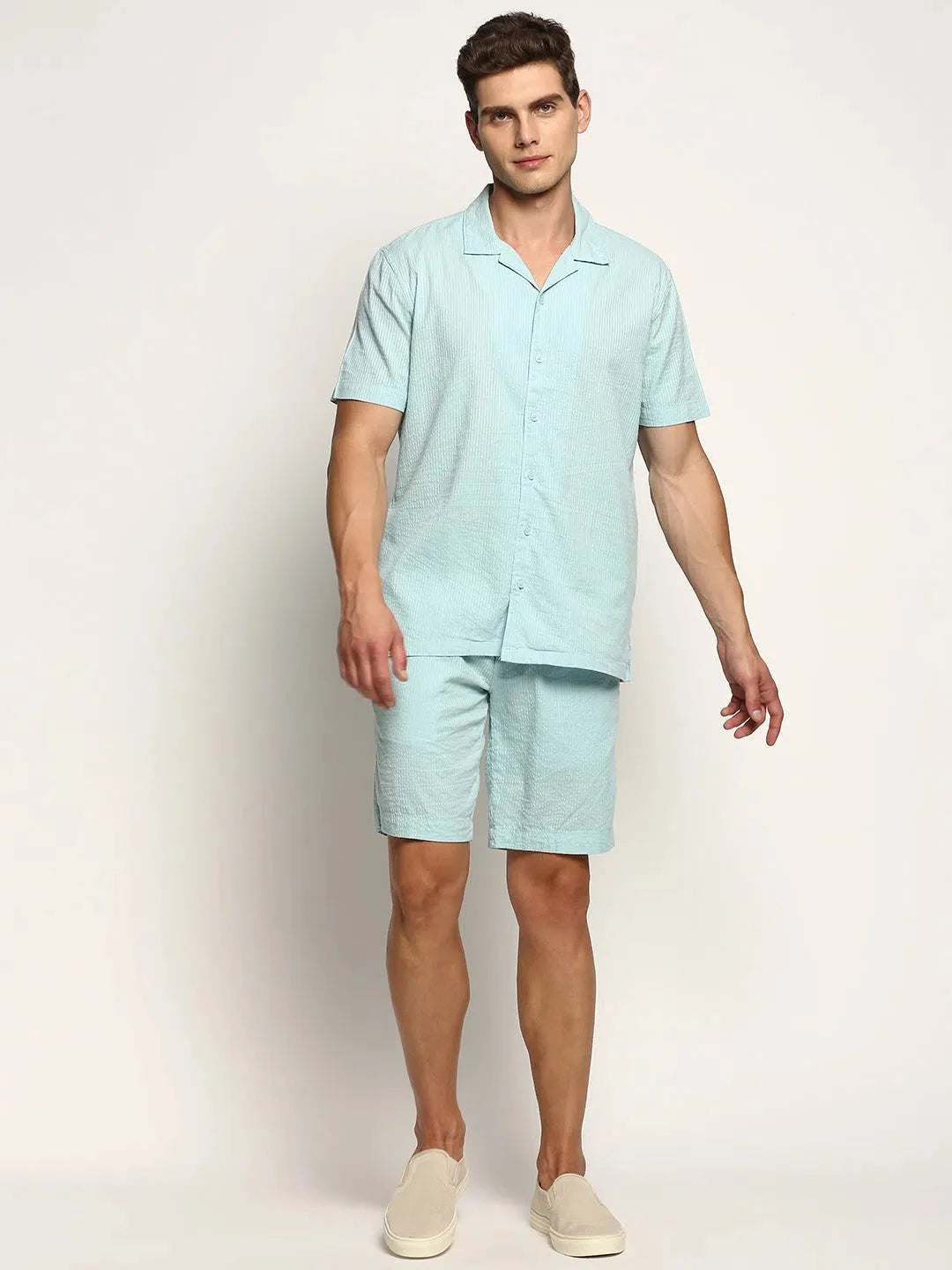 Blue Solid Mens Two Piece Sets - Cotton Co ord Sets for Men