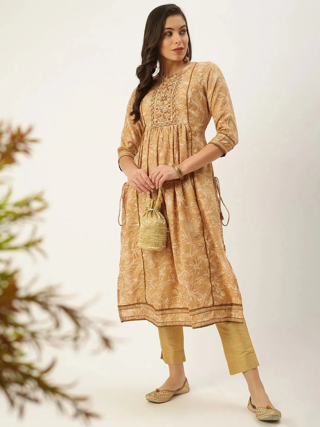 Beige Printed A-Line Cotton Kurtas | Indian Kurta Designs