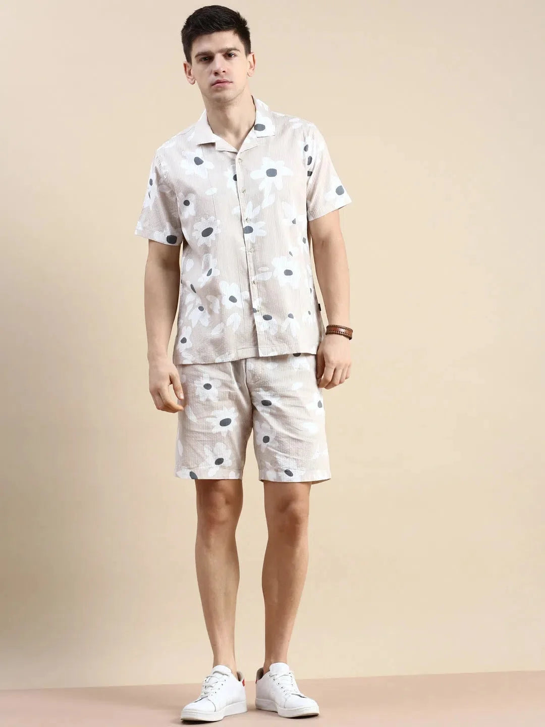 Mens Beige Printed Casual Co ord Set - Cotton Two Piece Sets