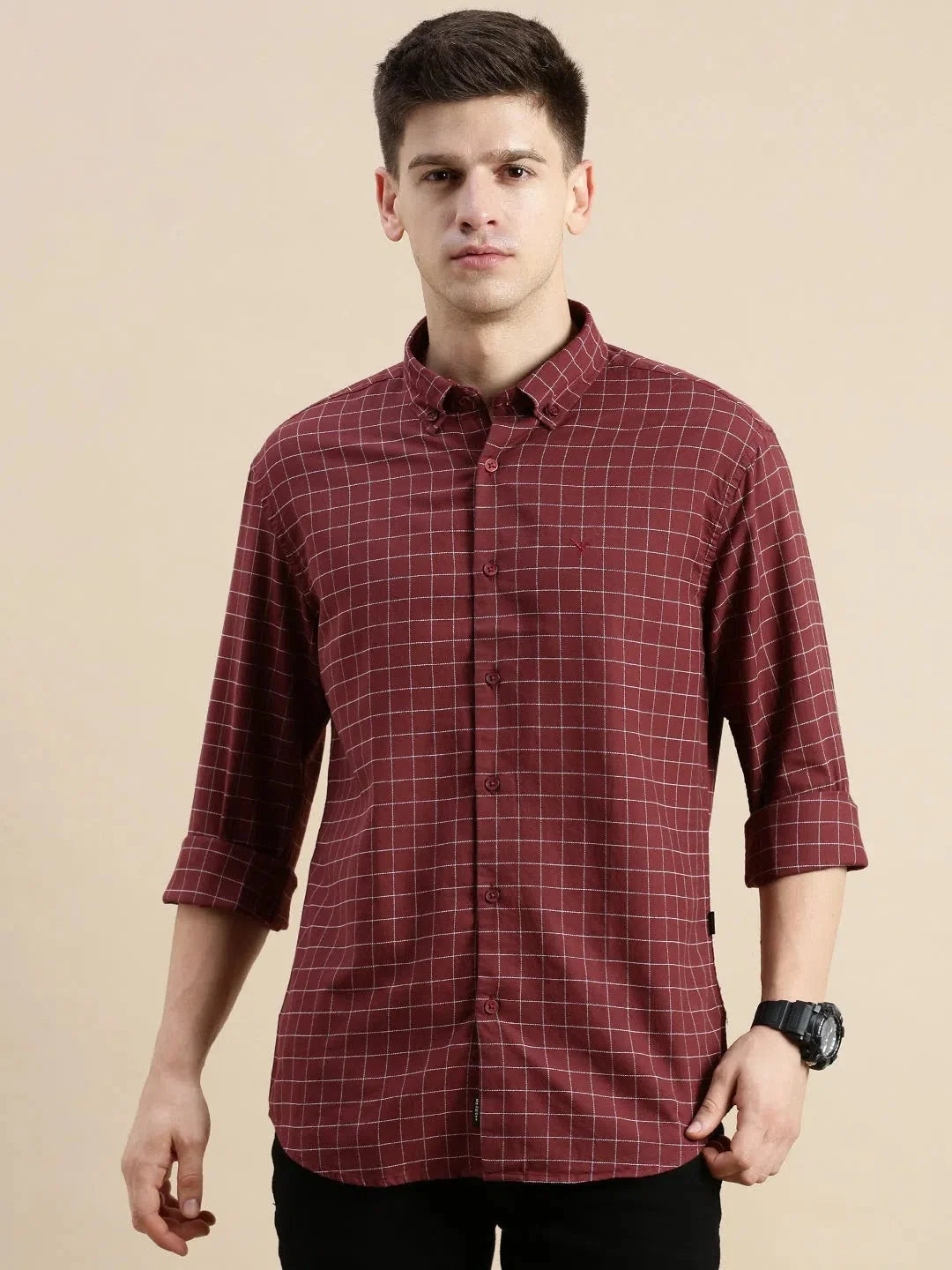 Maroon Checked Mens Shirt | Cotton Casual Shirt