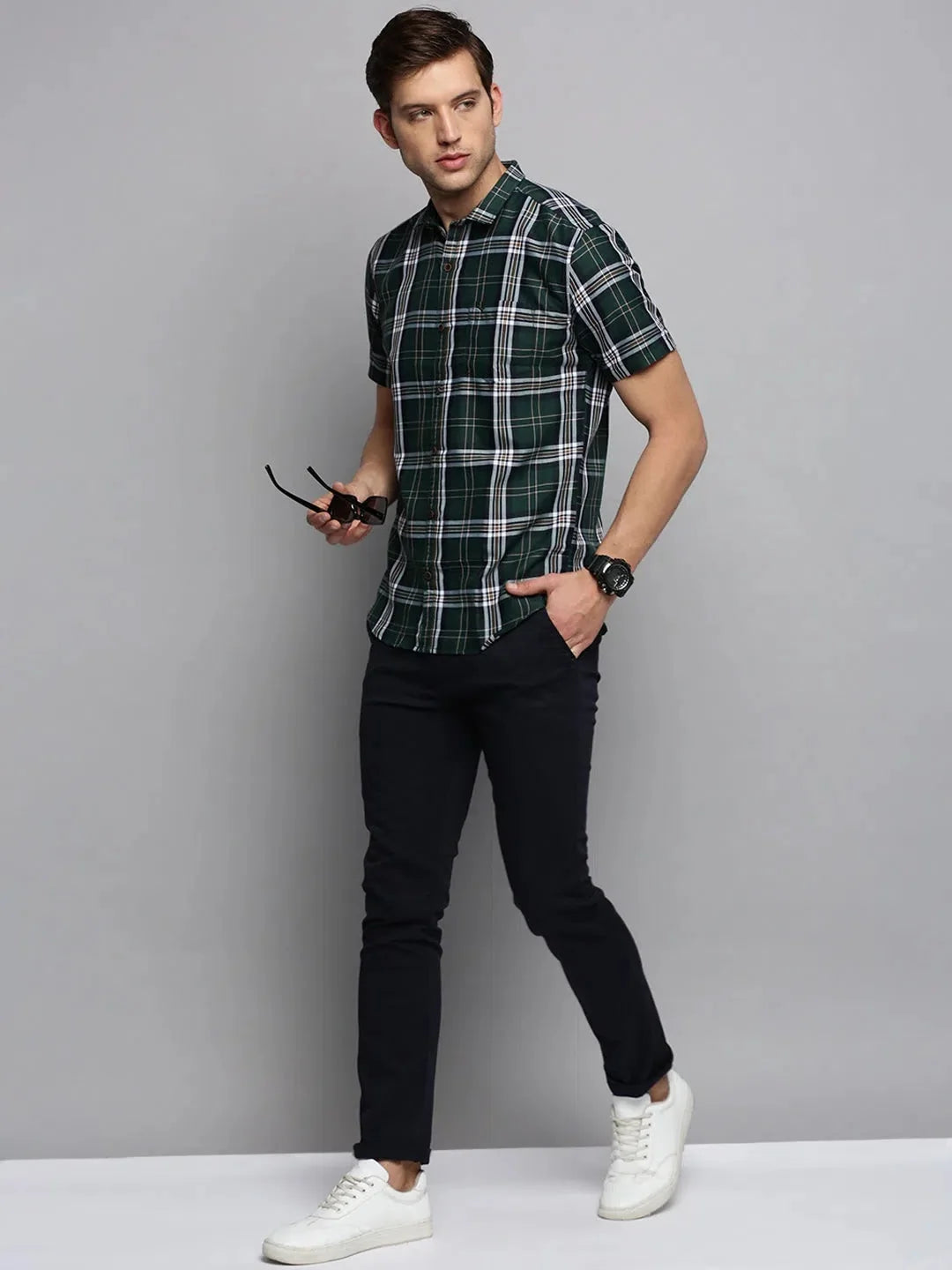Men's Green Checked Cotton Casual Shirt | Stylish
