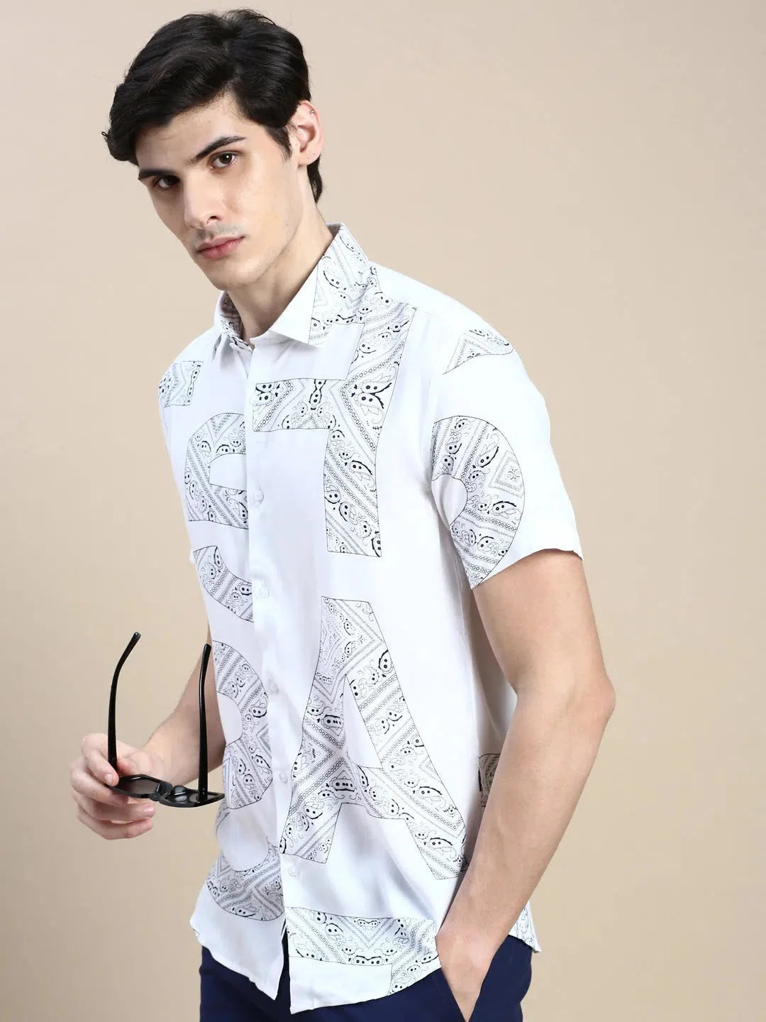 White Printed Cotton Mens Shirt - Casual & Stylish DesiQlo