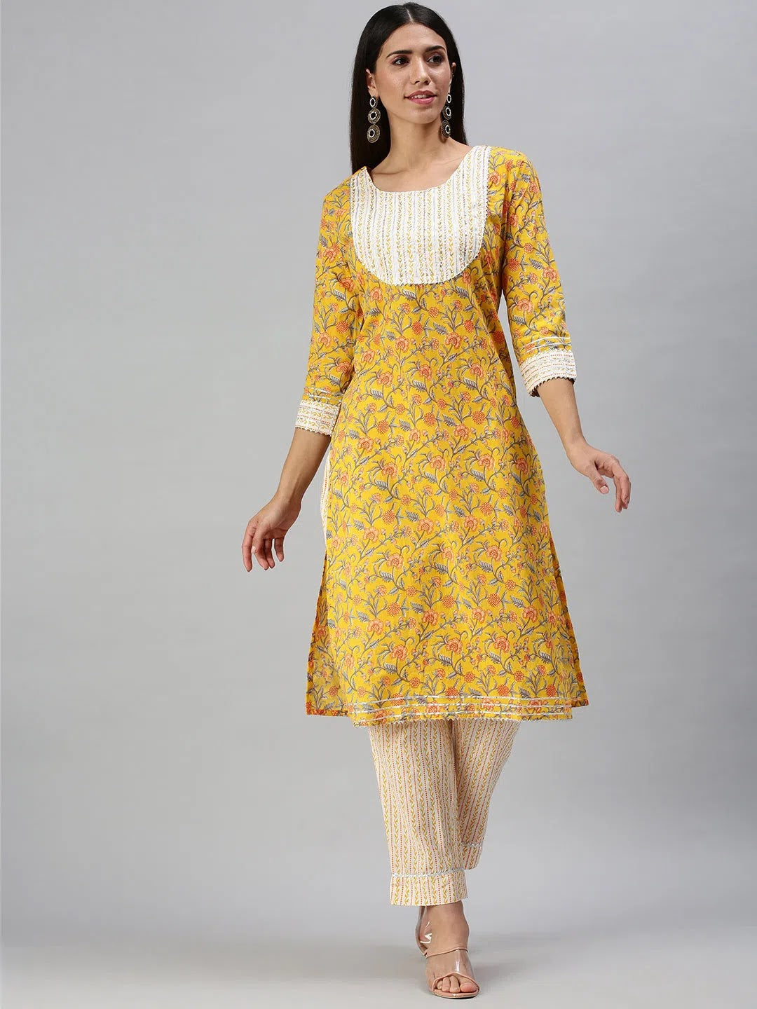 Yellow Printed Kurta Sets: Women's Indian Cotton Kurta Sets