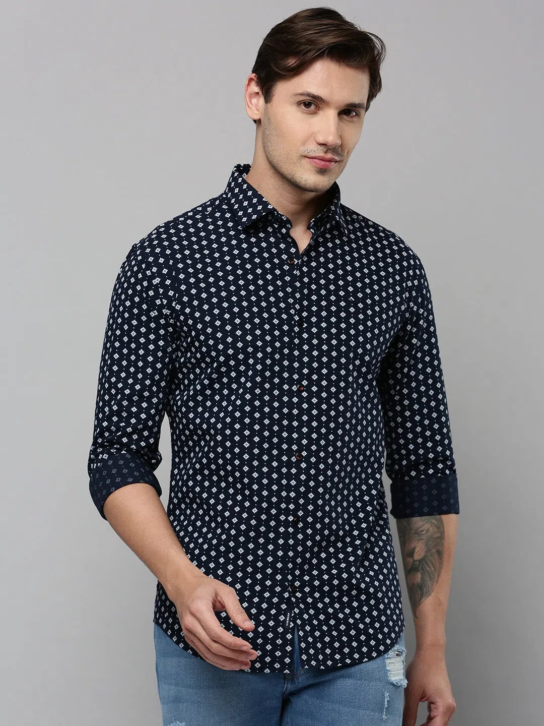 Stylish Navy Printed Mens Shirt - DesiQlo Casual Cotton Shirt