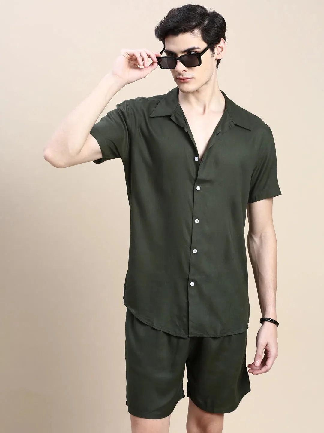 Men's Green Solid Cotton Casual Co ord Set | Two Piece Sets