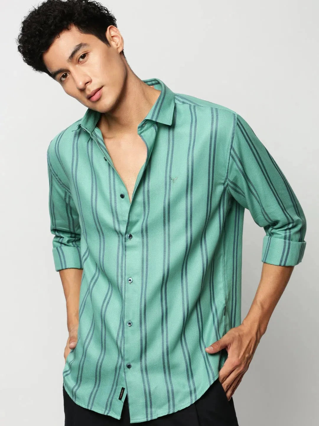 Men Green Striped Casual Casual Shirts-YARROWSTRIPE-5641-Seagreen