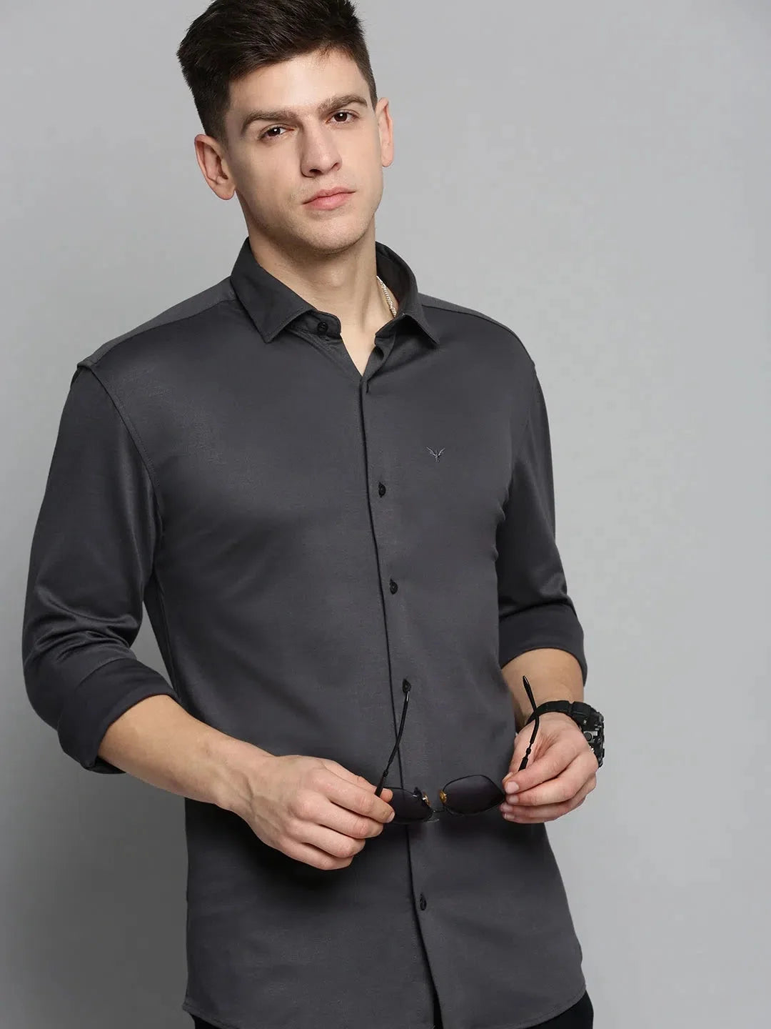 Men Grey Solid Casual Shirt-CARLOKNITS-3218-Grey