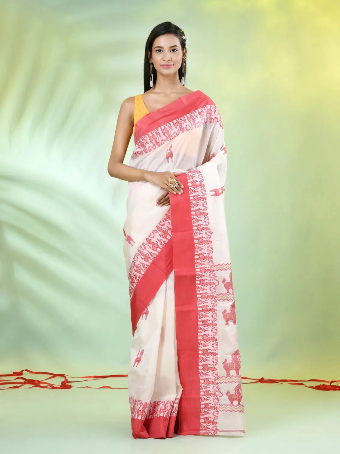 Off White Tussar Silk Saree - Indian Sarees & Horse Motifs