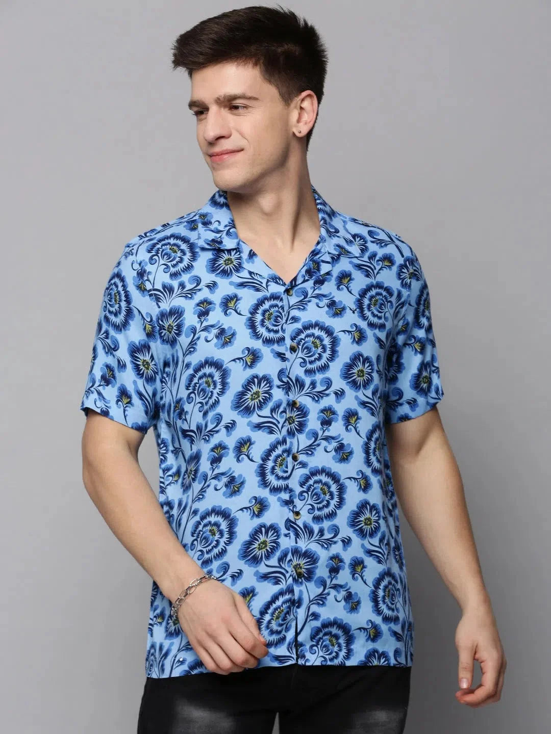 Blue Printed Mens Shirt - Viscose Casual Beach Shirts- DesiQlo