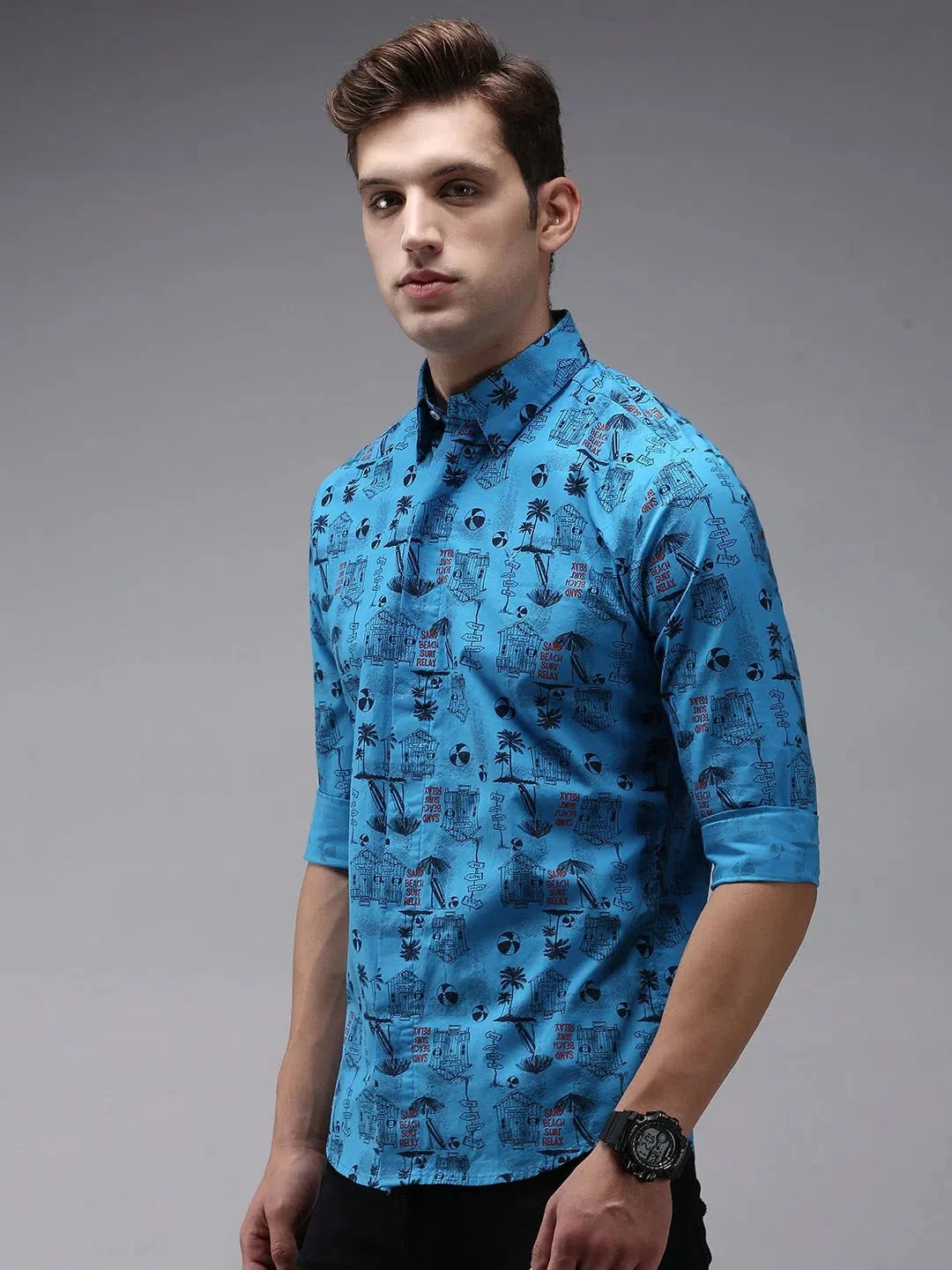 Blue Printed Mens Shirt | Cotton Casual Shirt - DesiQlo