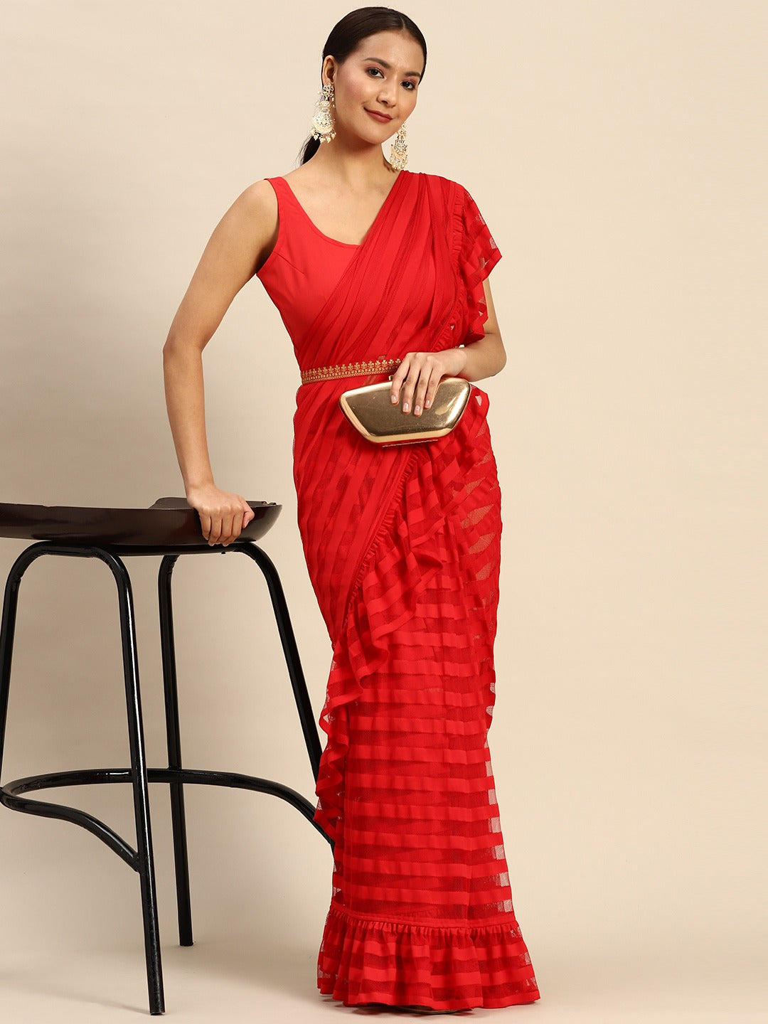 Red Striped Net Ready To Wear Saree-AHSRBL-SET-26