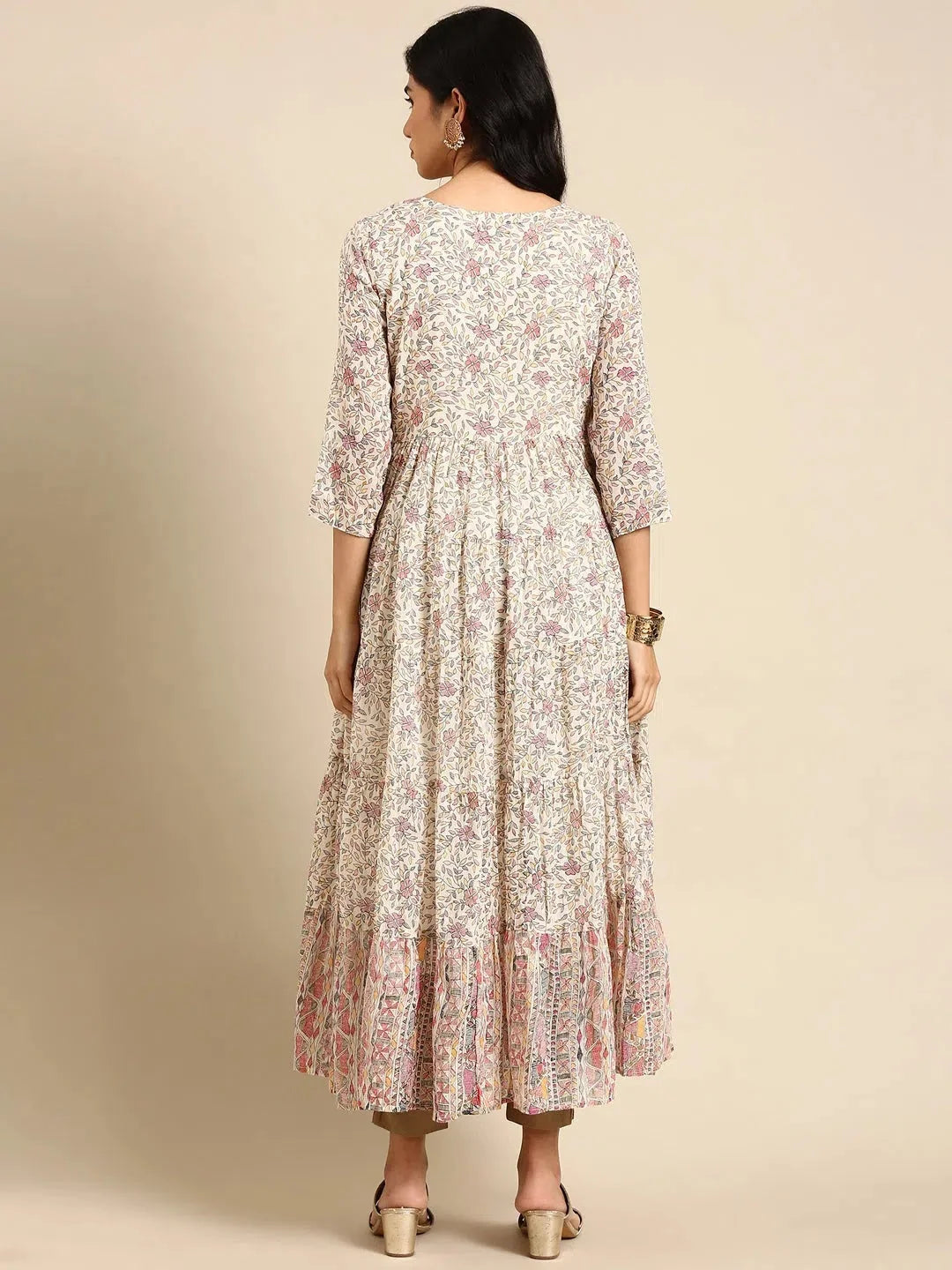 Beige Printed Anarkali Kurti - Women's Polyester Anarkali Dress