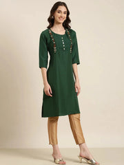 Women Green Striped Straight Kurta-DF-1576-Green