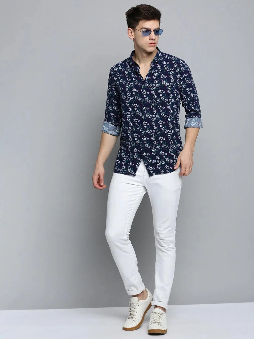 Navy Printed Mens Shirt - Fashionable Cotton Shirt | DesiQlo