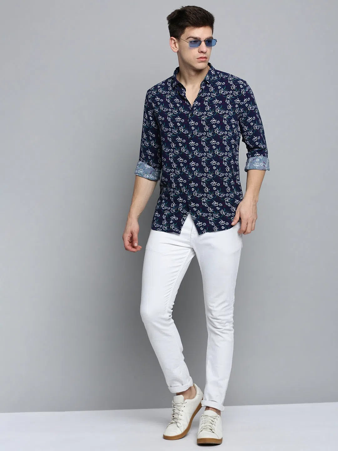 Navy Printed Mens Shirt - Fashionable Cotton Shirt | DesiQlo
