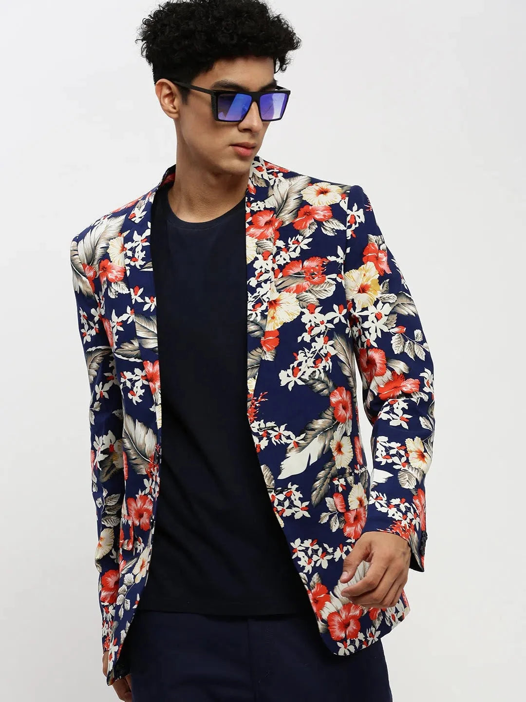Men Navy Printed Blazer-SOBLZ-84-3-Navyblue